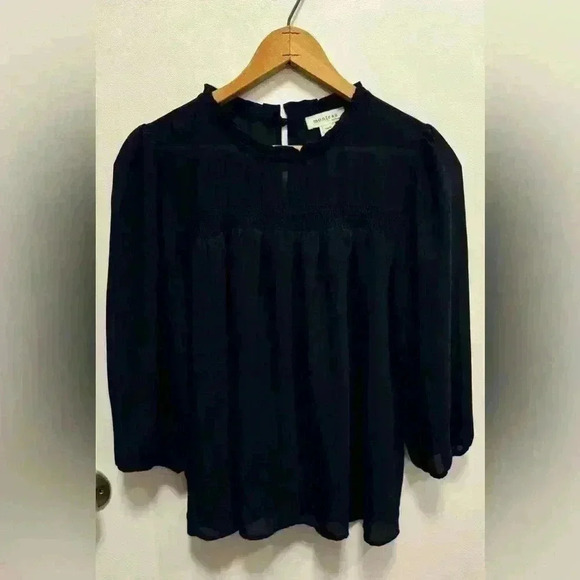 Monteau women’s navy blue long sleeve blouse with sheer top layer size medium - Picture 2 of 12